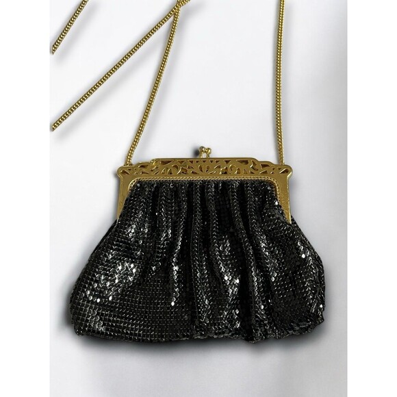 Vintage Whiting & Davis Black Mesh Evening Bag Kiss Lock Chain Strap USA - Picture 1 of 12